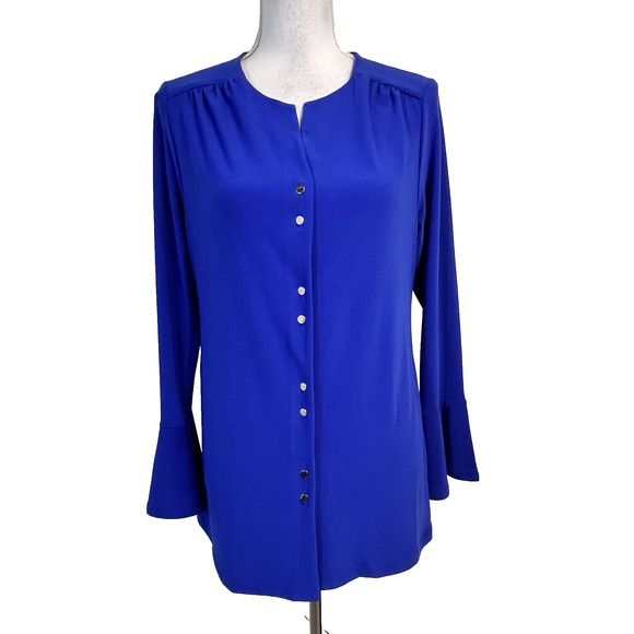Susan Graver Button Up Blouse Top size Small Royal Blue Stretch Career Church - Picture 1 of 8